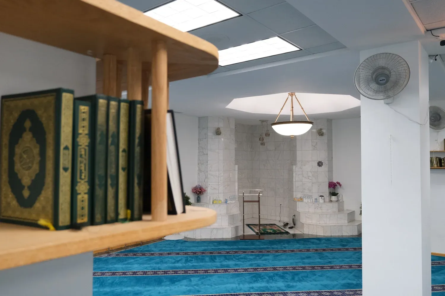 Qur'an shelves in the prayer hall